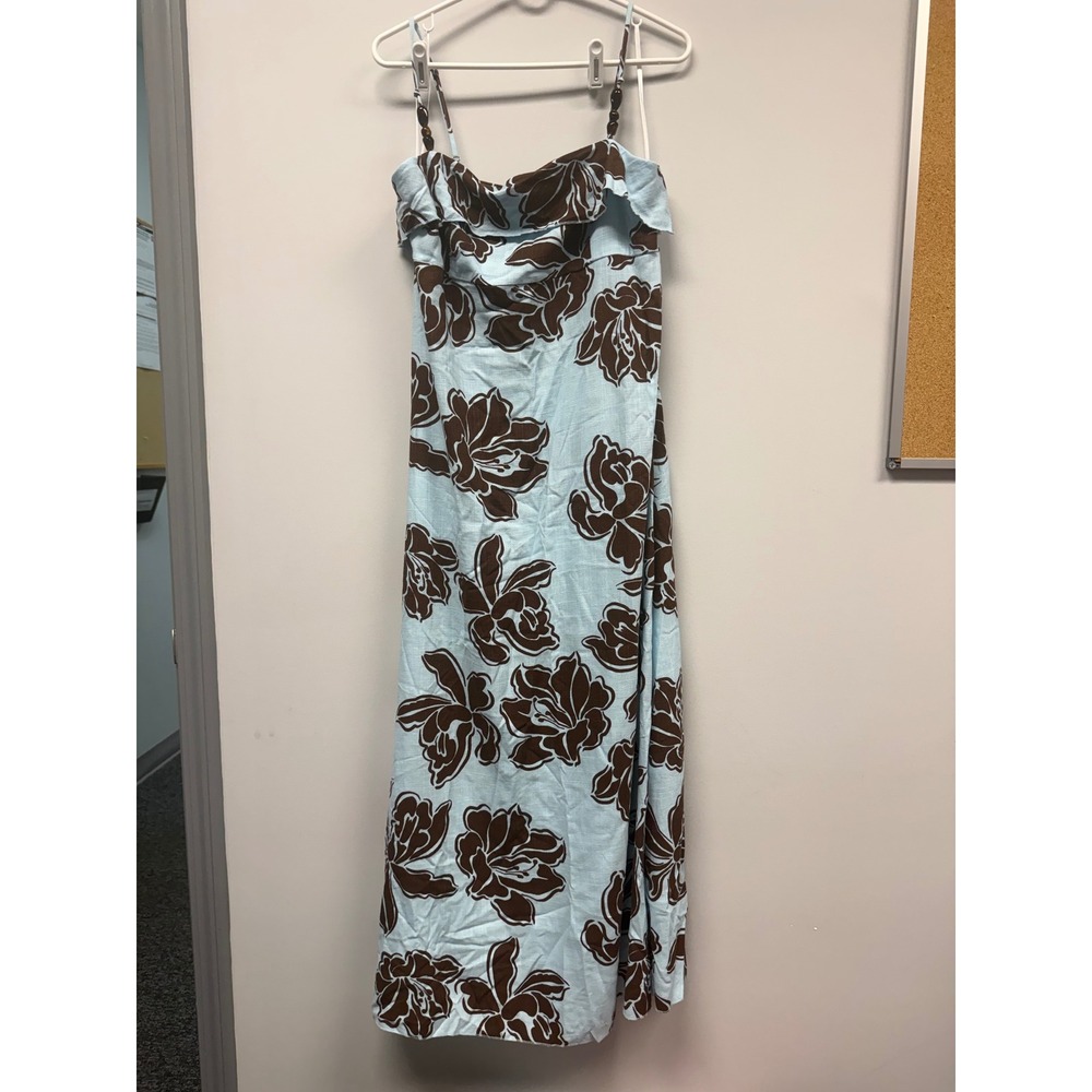 Paper Heart Linen Blend Floral Maxi Dress Blue Brown Beaded Straps NWT